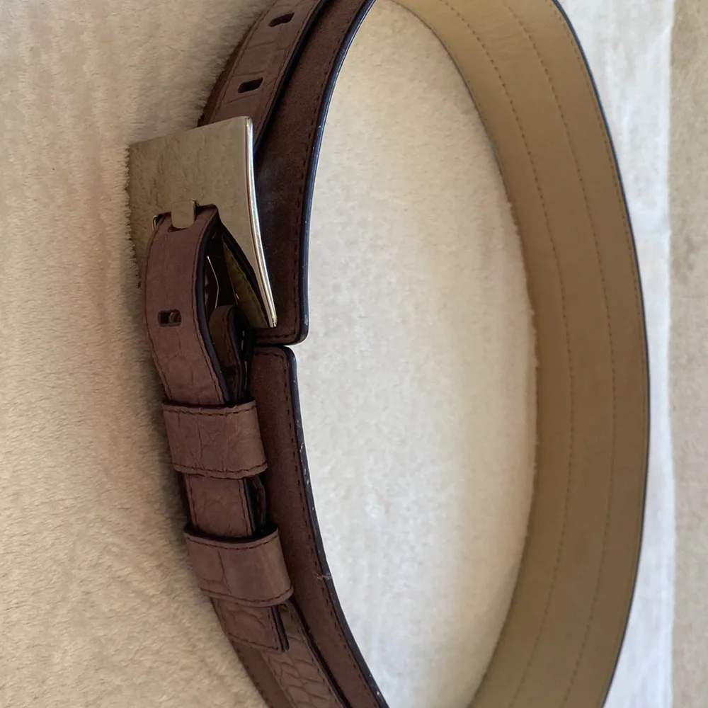 Wide gray suede Cole Haan statement belt w/big silver buckle Sz M NWOT
